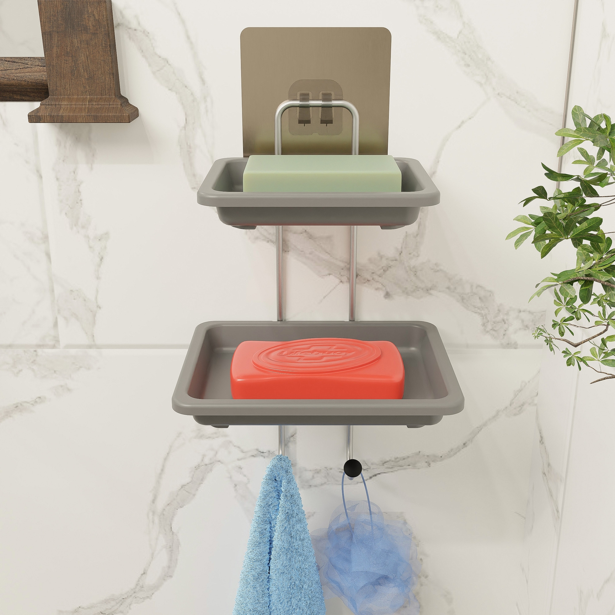 MY International Double Layer Stainless Steel Soap Dish Stand with hooks (Silver)