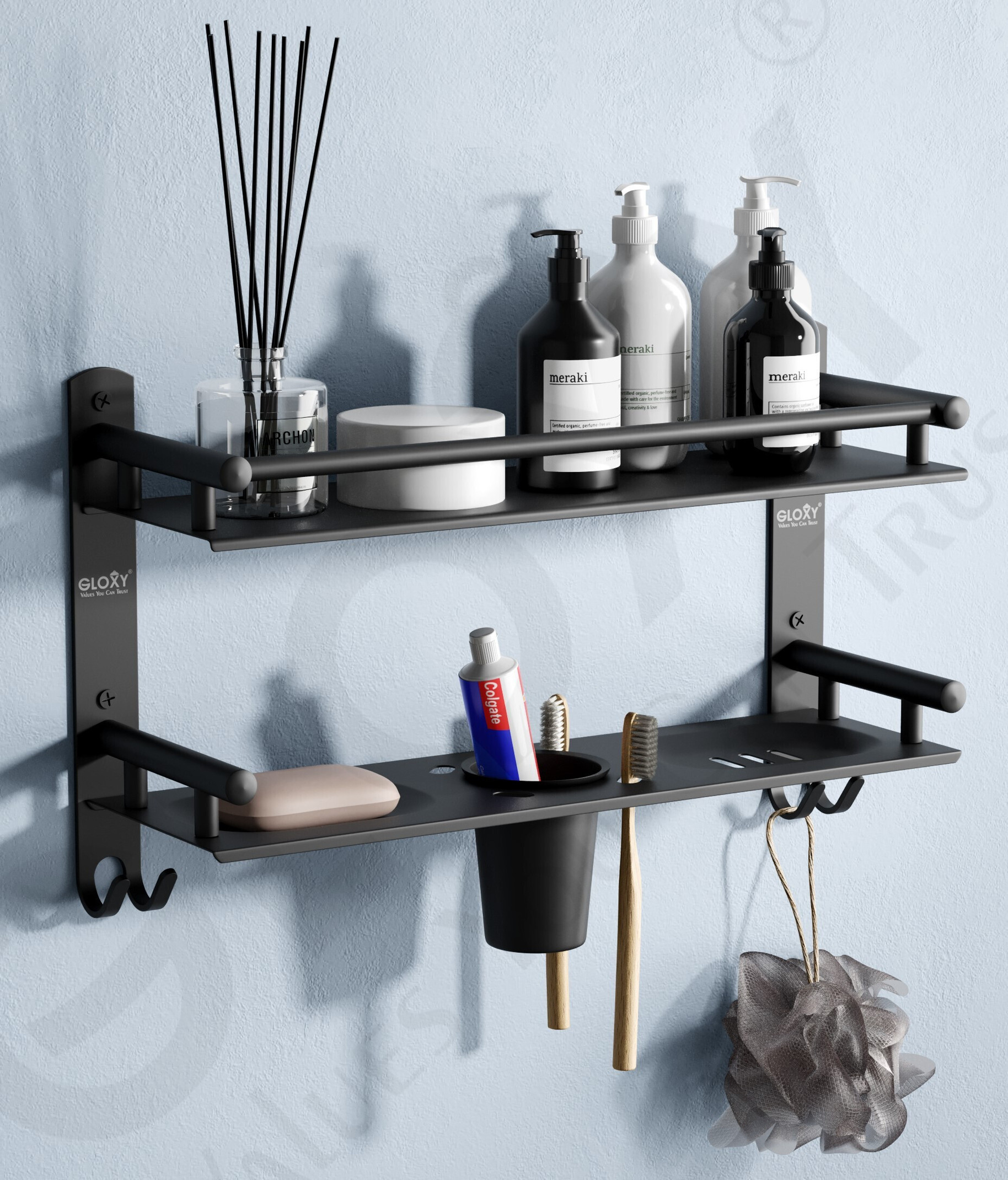 GLOXY Matte Finish 2 Layer Bathroom Shelf Rack with Soap Dish and Toothbrush Holder (Black)