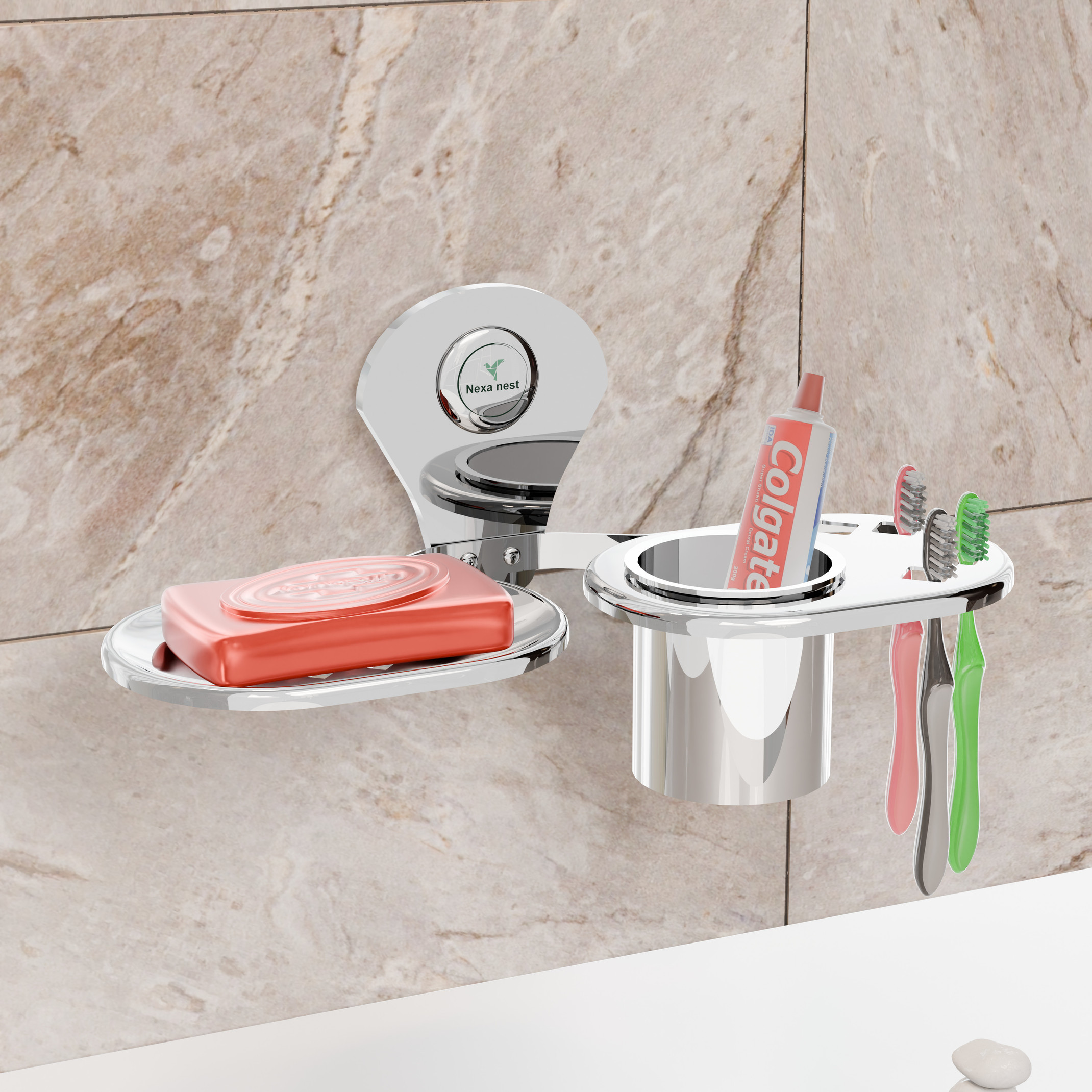 Nexanest Multi-Purpose Soap Dish/Stand with Tumbler Holder | Wall Fitting for Bathrooms/ Stainless Steel Toothbrush Holder (Silver, Wall Mount)