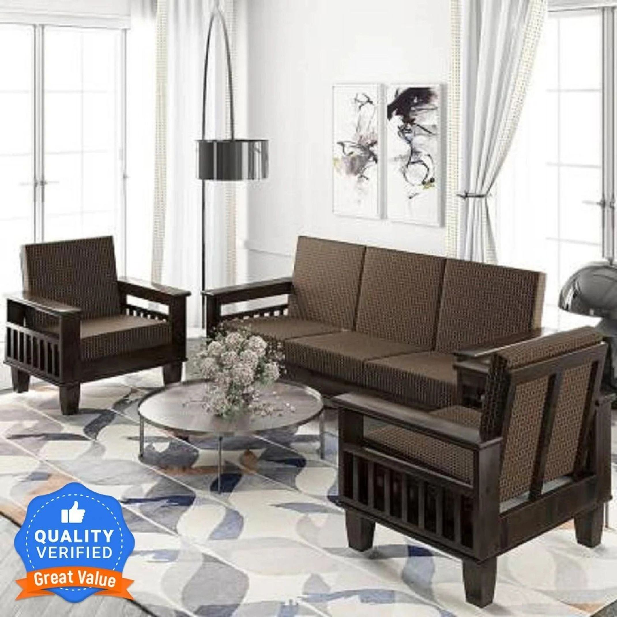 Allie Wood Sheesham Wood for Living Room Fabric 3 + 1 + 1 Sofa Set (Walnut Finish And Brown Upholstery, DIY(Do-It-Yourself))
