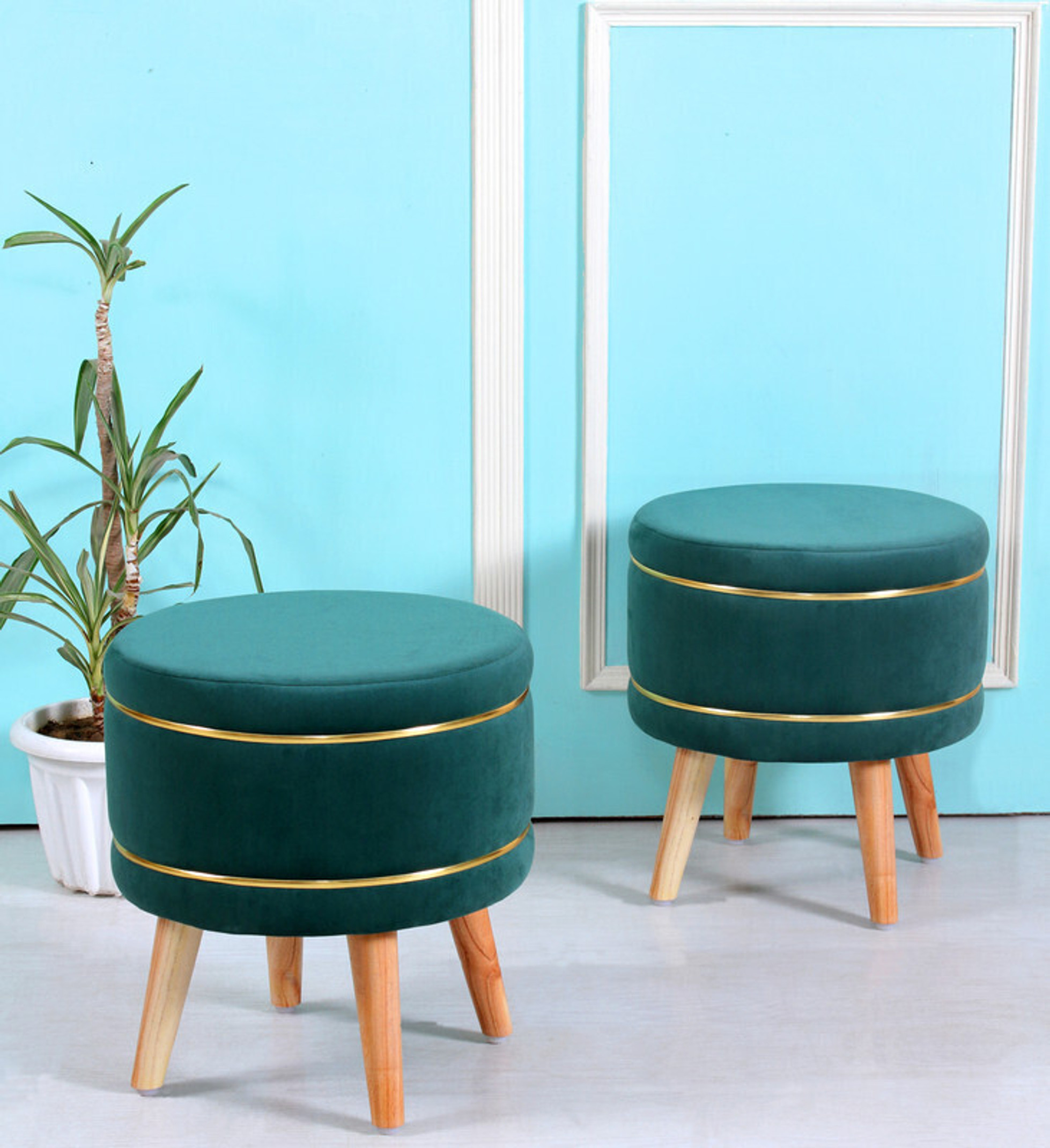 ShadowKart Solid Wood Standard Ottoman (Finish Color - Green, Pre Assembled)
