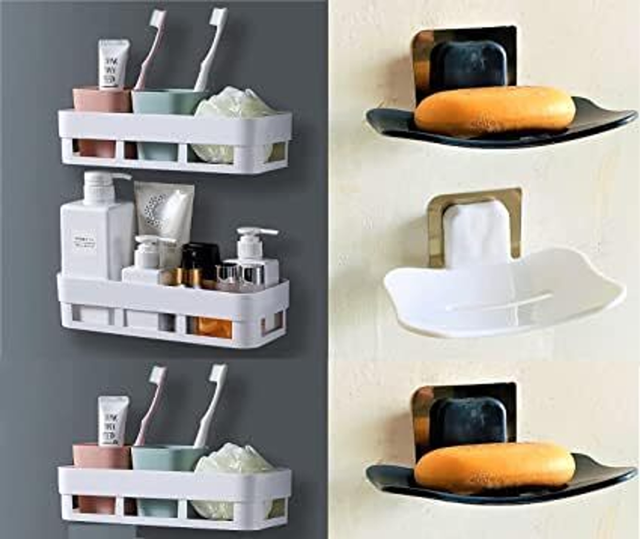Xena 3 PC Bathroom Shelves + 3 PC Soap Stand Plastic Accessories Plastic Toothbrush Holder (White, Wall Mount)