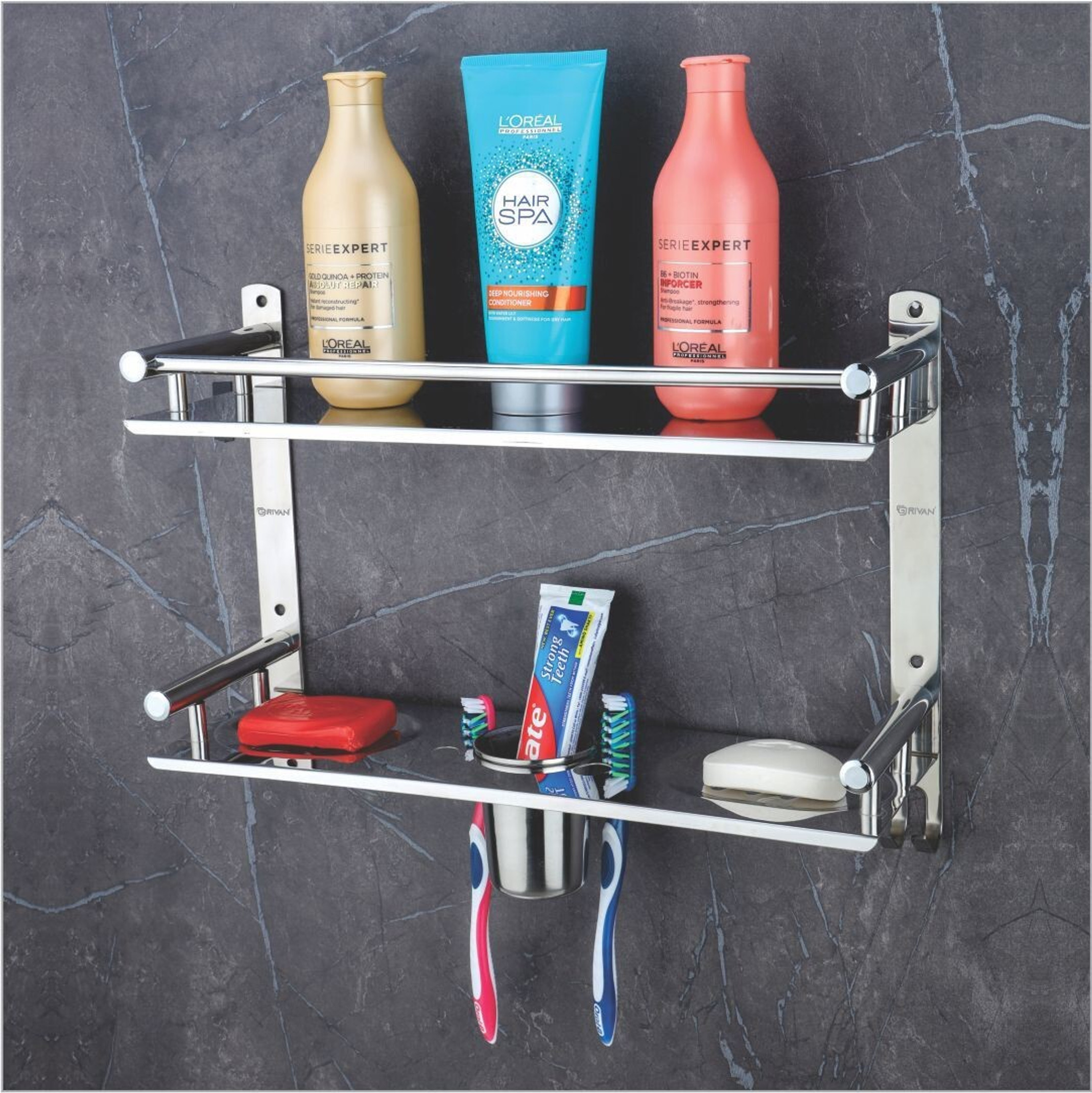 LivesUp Multipurpose Bathroom Shelf and Rack with Double Soap Dish and Tumbler Holder Stainless Steel Toothbrush Holder (Silver, Wall Mount)