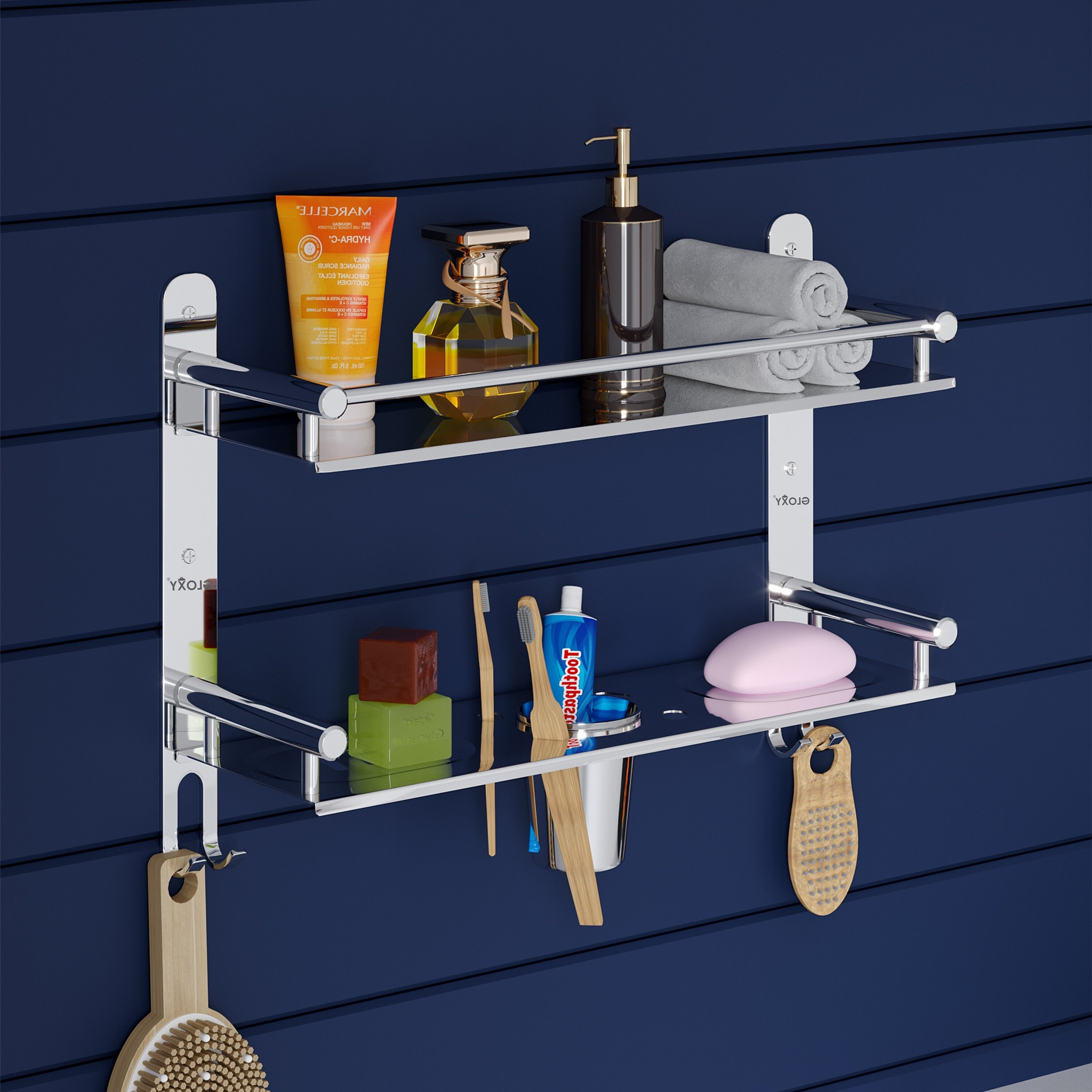 GLOXY by GLOXY 4IN1 SS Bathroom Shelf with Soap Dish and Toothbrush Holder Bathroom Accessories Silver Towel Holder (Stainless Steel)