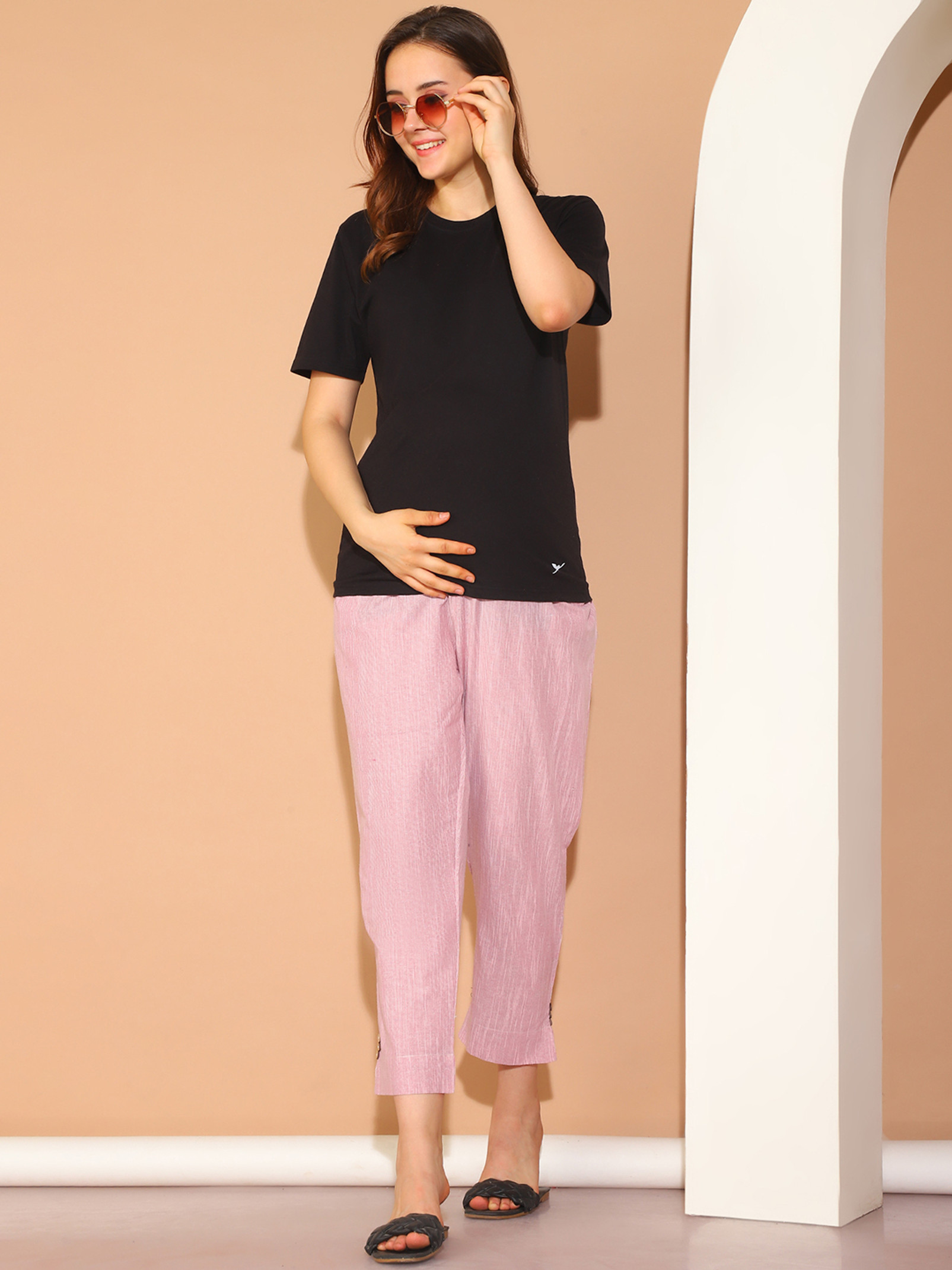 Moms Maternity Women Comfort Fit Pink Pure Cotton Trousers