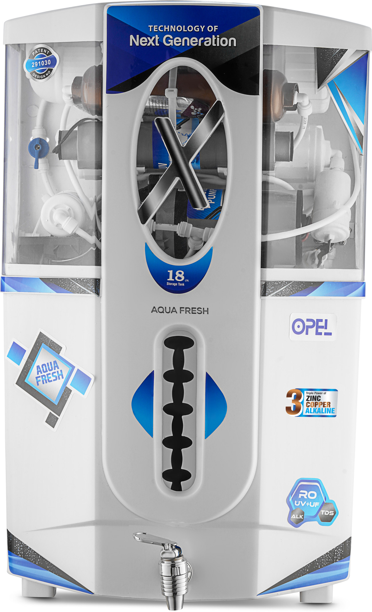 Aqua Fresh Omega Opel copper 18 L RO + UV + UF + TDS Water Purifier with Prefilter ((White-Blue))