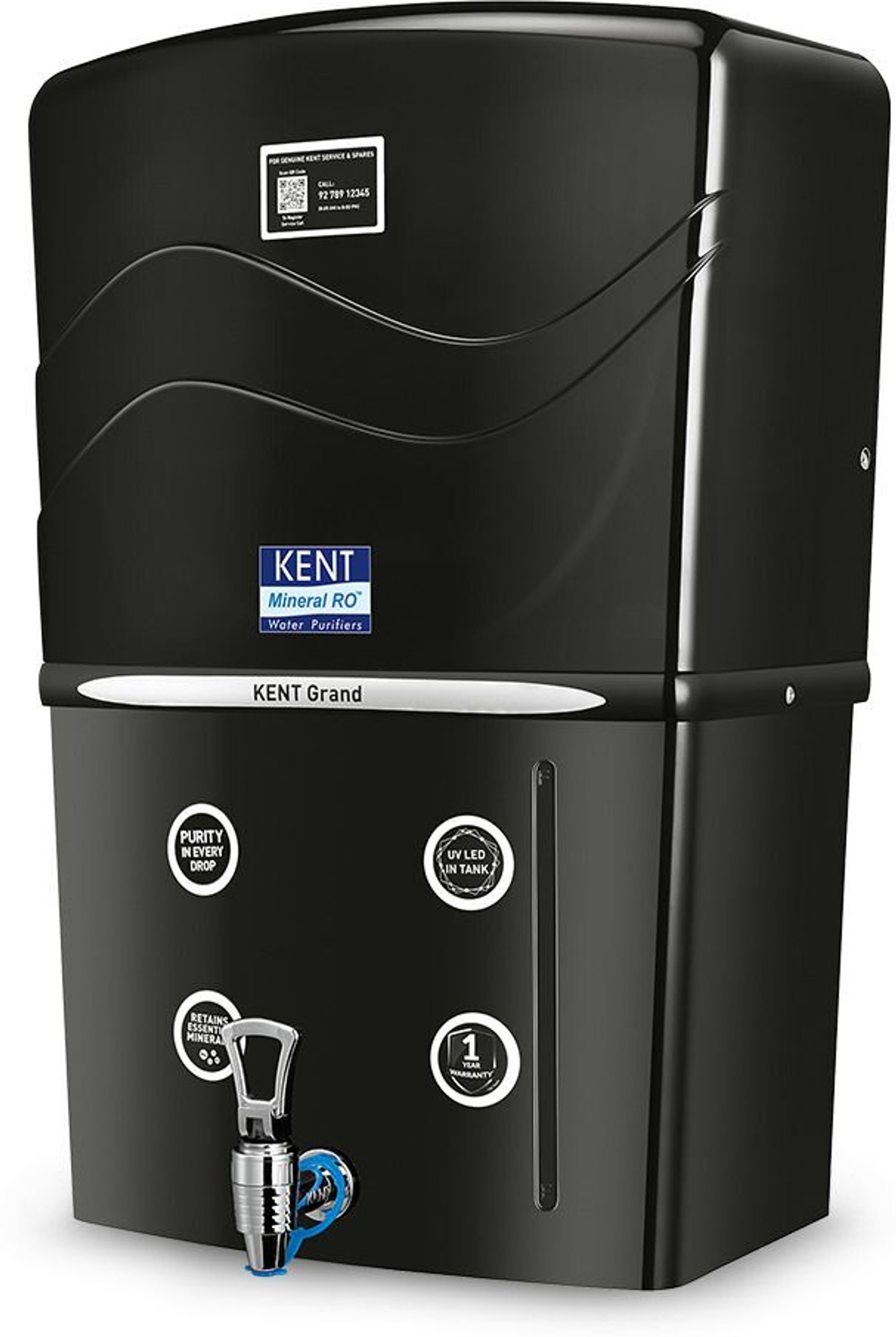 KENT Grand-B 8 L RO + UF + TDS Control + UV LED Water Purifier Water Purifier Advanced RO Tech for Sabse Shudh Paani | 8L | 20 LPH | Suitable for all - Borewell, Tanker, Municipality Water (Black)