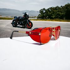 Red wrap shop around sunglasses