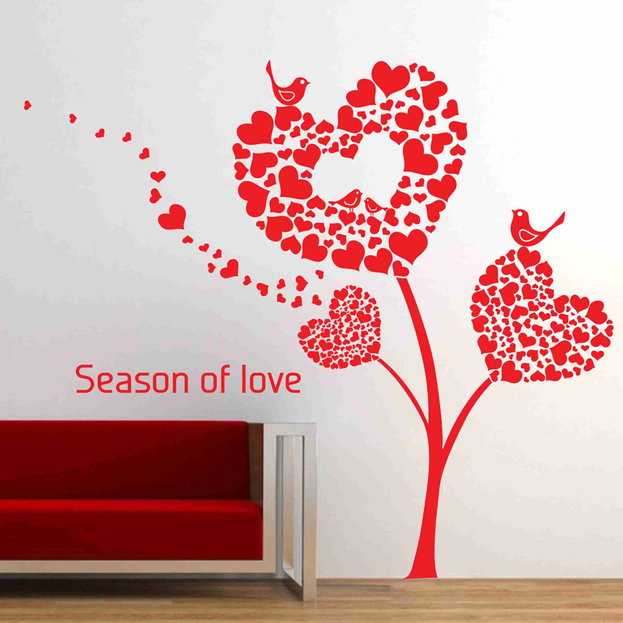 Red Wall Sticker wallskart 40.64 cm Valentine Heart Tree And Birds Small Red Wall ...