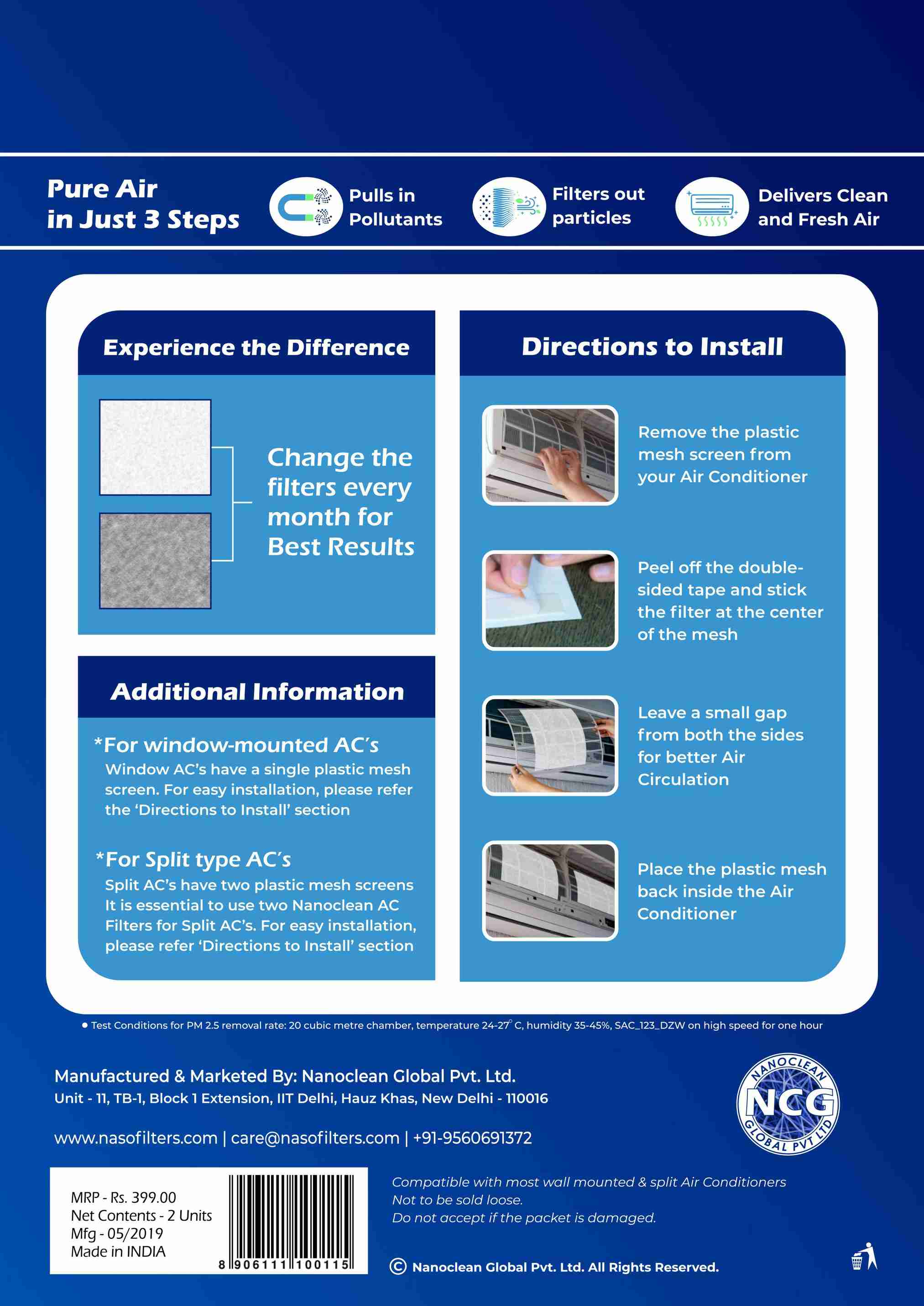 Nasofilters Nanoclean AC Filters | Make Your AC into Air Purifier ...