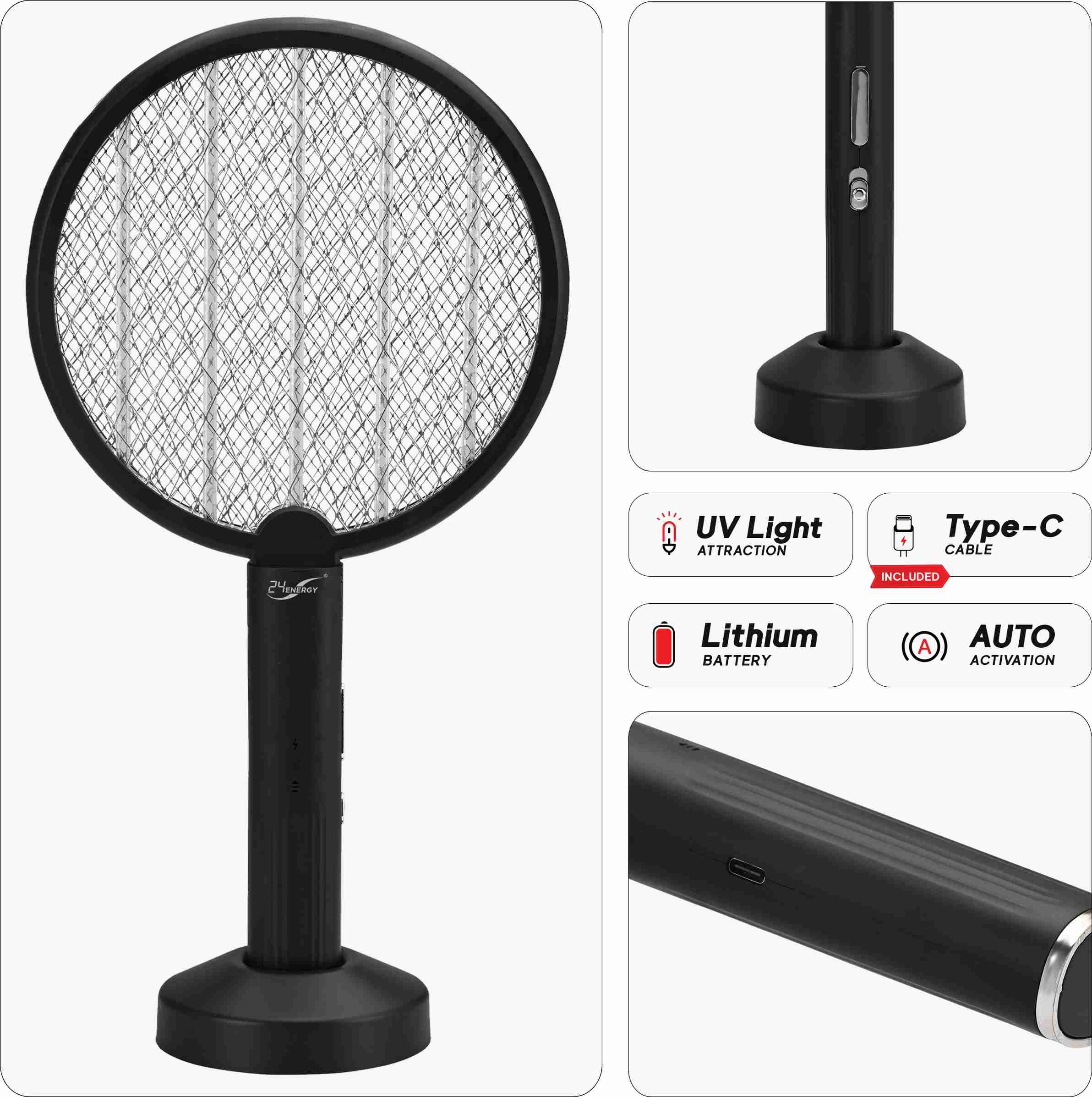 24 ENERGY 3 in 1 UV Light C type Charge Mosquito Racquet + Stand ...