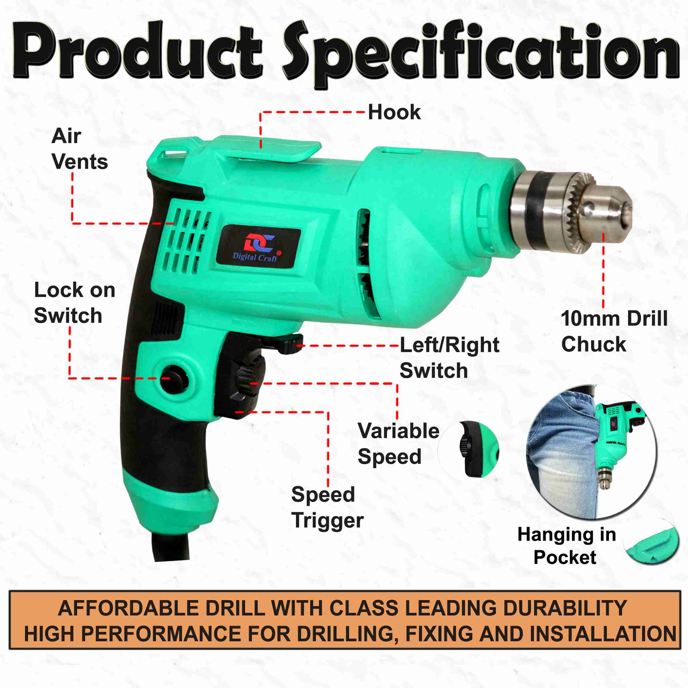 Digital Craft Powerful Home Drill Reversible Function for DIY & Repair ...