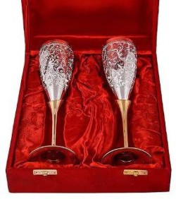 GOLDGIFTIDEAS Two Antique Silver Plated Brass Wine Glass Set, Vodka/Wine  Glass Set for Gift