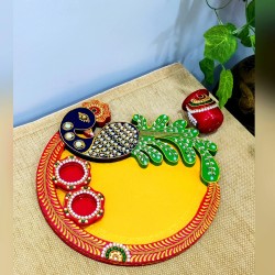 INDIAN ART VILLA Brass Handmade Designer Pooja, Aarti Thali Set Designer  Borders, Spiritual Item, 10