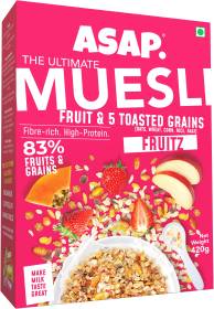 ASAP Wholegrain Muesli Fruitz| 420g | High Protein Breakfast Muesli with Strawberry, Raisins, Dried Papaya, Apple & 5 Toasted Grains | Healthy Multigrain Granola with Nuts| Omega-3 & Fibre rich Box