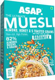 ASAP by ASAP Wholegrain Muesli Badam Milk| 420g | High Protein Breakfast Muesli with Almonds, Honey, Raisins and 5 Toasted Grains | Healthy Multigrain Granola with Nuts | Omega-3 & Fibre rich Box