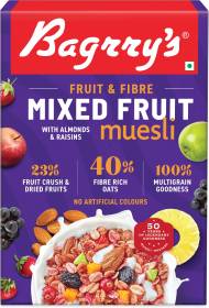 Bagrry's Fruit n Fibre Mixed Fruit with Almond and Raision Oats, Wheat Muesli Cereal, 500g Box
