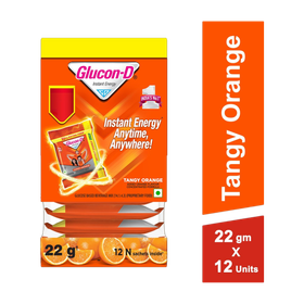 GLUCON-D Tangy Orange with 3 Benefits of Energy, Recovery, and Immunity, Sachet Sports Drink 12x22 g, Tangy Orange Flavored