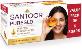 SANTOORSantoor PureGlo Glycerine Bathing Bar Soap with Almond Oil for Nourished & Glowing Skin (6 x 125 g)