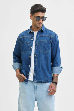 snitch men solid casual blue shirt