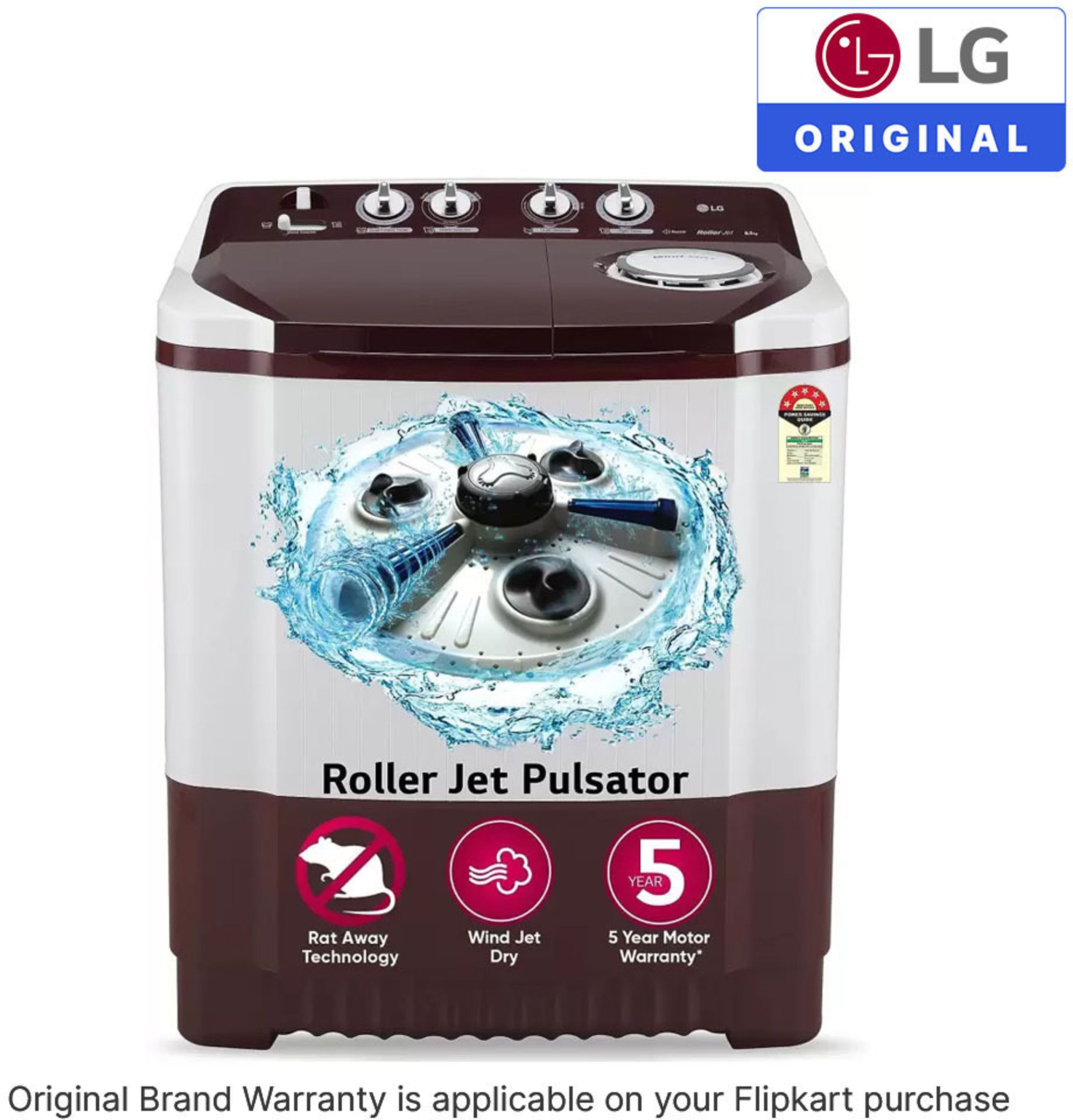 LG 8.5 kg 5 Star with Roller Jet Pulsator with Soak, Wind Jet Dry and Collar Scrubber Semi Automatic Top Load Maroon, White (P8530SRAZ)