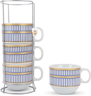 NFI essentials Set of 4 Ceramic Tea Cups Stackable with Stand for