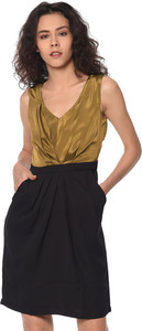 PURYS Women A-line Gold, Black Above Knee/Mid Thigh Length Dress