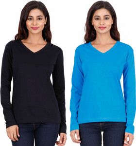 Fleximaa Solid Women V Neck Multicolor T-Shirt