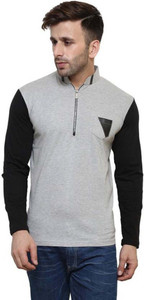 Blisstone Solid Men Mandarin Collar Grey T-Shirt