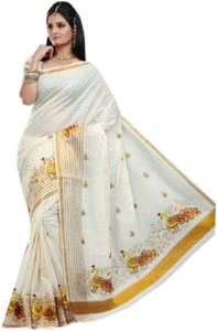 RSV FABRICS Printed Kasavu Cotton Blend Saree