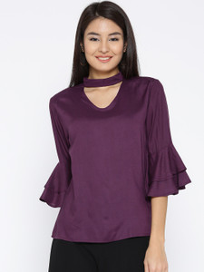 Sera Casual Bell Sleeve Solid Women Purple Top