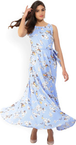 Tokyo Talkies Women Gathered Light Blue Maxi/Full Length Dress