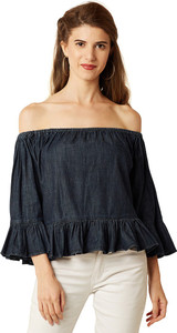 Miss Chase Casual Cape Sleeve Solid Women Blue Top