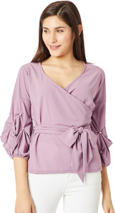 Miss Chase Casual Balloon Sleeve Solid Women Purple Top