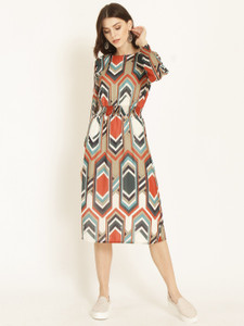 Rare Roots Women Gathered Multicolor Midi/Calf Length Dress