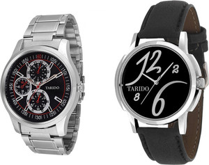 Tarido Classic black dial black leather & stainless steel strap pair pack analog wrist Analog Watch  - For Men