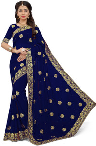 Om Shantam sarees Self Design, Temple Border, Embroidered, Striped, Solid/Plain Bollywood Georgette Saree