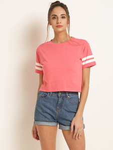 हैशटगर्ल्स महिलाओं के लिए गोल गला कलर ब्लॉक, सॉलिड गुलाबी टी-शर्ट