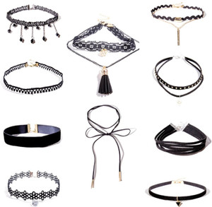 Shining Diva Stylish Party Wear Black Lace 10 pc Combo Choker Fabric Choker