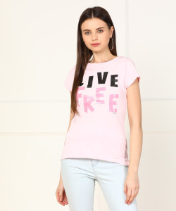 Wrangler Graphic Print Women Round Neck Pink T-Shirt