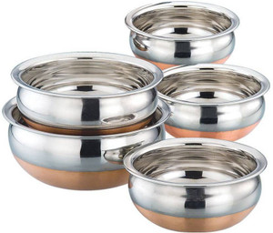 LIMETRO STEEL Copper Bottom Handi Pot 5 Piece Set/Steel Handi Set 5 Piece Set/Cookware Chetty Combo Serving Handi Cookware Multi Purpose Capacity :- 500 ML , 750 ML , Handi 1 050 ,ML,1200 ML ,1500 ML Handi 5 L