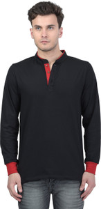 KALT Colorblock Men Mandarin Collar Black T-Shirt
