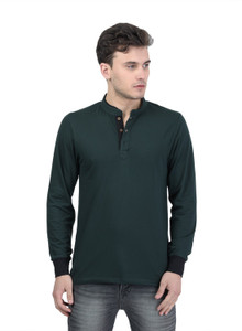 KALT Colorblock Men Mandarin Collar Dark Green T-Shirt