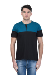 KALT Colorblock Men Henley Neck Blue, Black T-Shirt