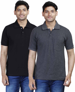 Fleximaa Solid Men Polo Neck Black, Grey T-Shirt