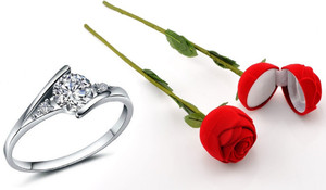 SILVERISH Valentine Day Ring With Beautiful Red Rose Box Gift for Girlfriend Alloy Cubic Zirconia Platinum Plated Ring