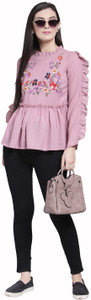 PLUSS Casual Ruffled Sleeve Embroidered Women Pink Top
