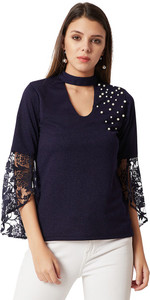 Miss Chase Party Bell Sleeve Solid Women Blue Top