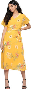 HARPA Women A-line Yellow Midi/Calf Length Dress