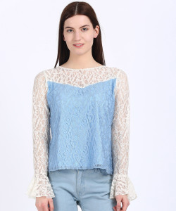 NOI Casual Bell Sleeve Lace Women Blue Top